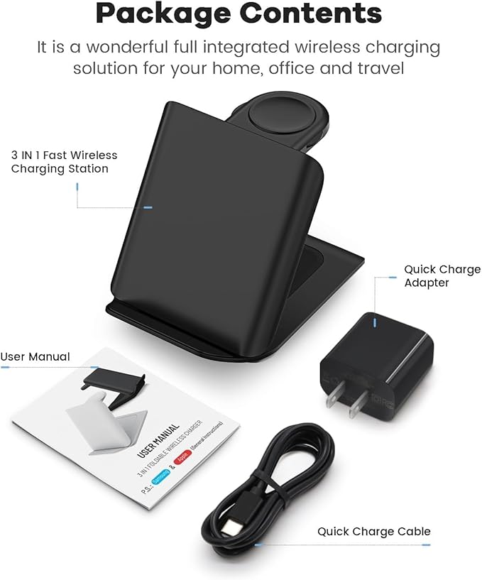 Samsung Galaxy Z Flip 3-in-1 Wireless Charging Station - Foldable 15W Fast Travel Charger Stand for z Flip 7/6/5/4/3, Razr+, Galaxy Watch & Buds 3/2 Pro/Live | PD20W Adapter Included | Black