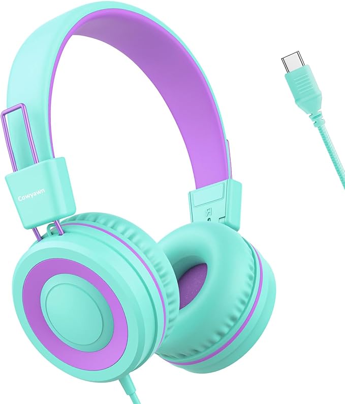 USB Type C Kids Headphones for School, Wired Toddler Headphones, 94dB Volume Limited, HD Stereo Sound, Foldable Lightweight On-Ear Wired Headphones for Kids/Children/Teens/Boys (Purple Green)