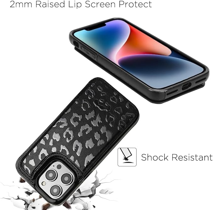uCOLOR Compatible with iPhone 14 Pro 6.1 Inch Wallet Case with Card Holder Folio Flip PU Leather Kickstand Card Slots Case Double Magnetic Clasp and RFID Blocking Cover (Black Leopard)