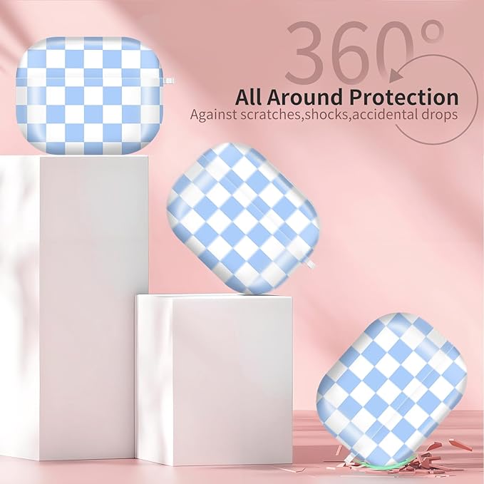 Compatible with AirPods Pro 3rd Generation 2025 Case Cover with Gold Keychain - Cute Protective Hard AirPod Pro 3 Cases for Women - Blue White Checkered