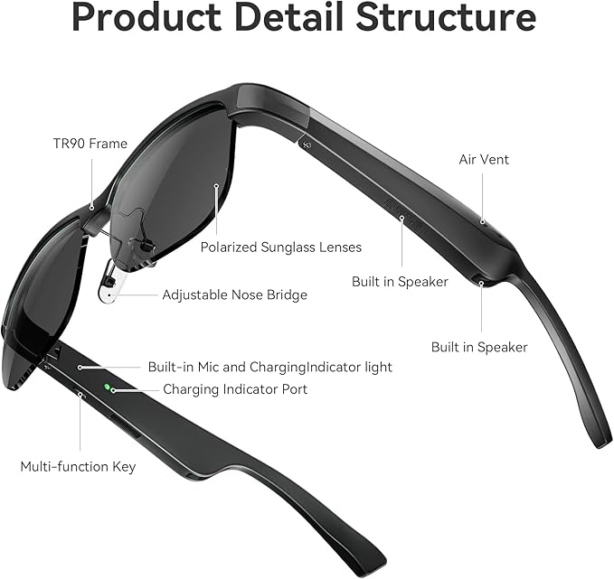 Smart Glasses, Polarized Bluetooth Sunglasses, Built-in Mic & Speakers, Voice Assistant, UV Protection, Bluetooth Glasses for Office, Driving, Cycling Outdoor Sports (M9 Pro-Black Lens)