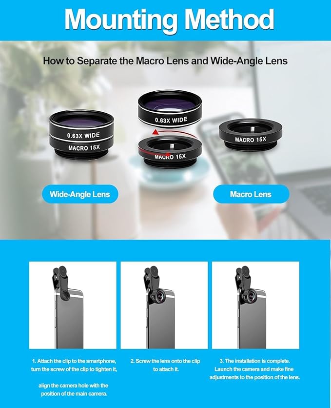 10 in 1 Phone Camera Lens Kit Compatible with iPhone & Samsung and Most of Smartphone - Wide/Macro/Telephoto/Fisheye + CPL/Star Filters, for iPhone & Android, HD Pouch Universal Phone Lens Clip