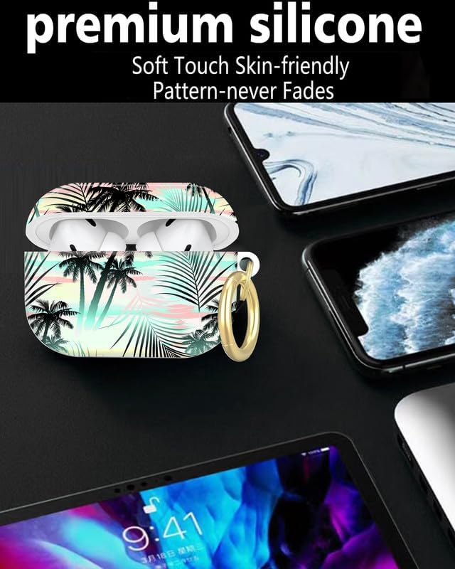 Compatible with AirPod Pro 2nd/1st Generation Case Cover with Key Chain,Full Protective Shockproof Wireless Headphone Case for Airpod Pro 2023/2022/2019(Tropical Summer Palm)