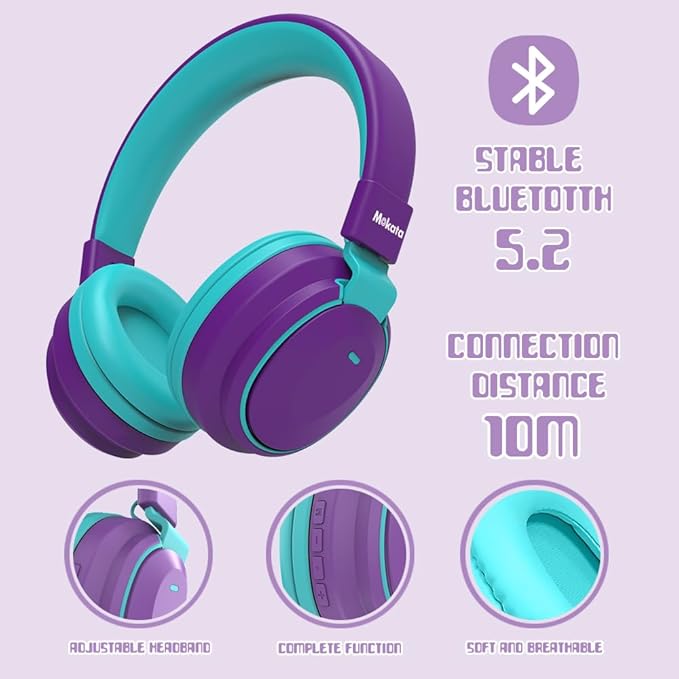 Kids Headphones Bluetooth 5.3 Wireless Lightweight Fast Charging 68 Hours Play Time Volume Limited 85/94dB Over Ear Foldable with Built-in Mic for Toddler Boy Girl Tablet Pad Purple