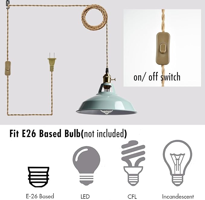 YUBOLE Modern Macaron Plug-in Plendant Light,10.6-Inch Hanging Light Fixtures with Metal Barn Shade Adjustable 17.06 Feet Plug Cord Pendant for Kitchen Bar Dining Bedroom,Sea Blue