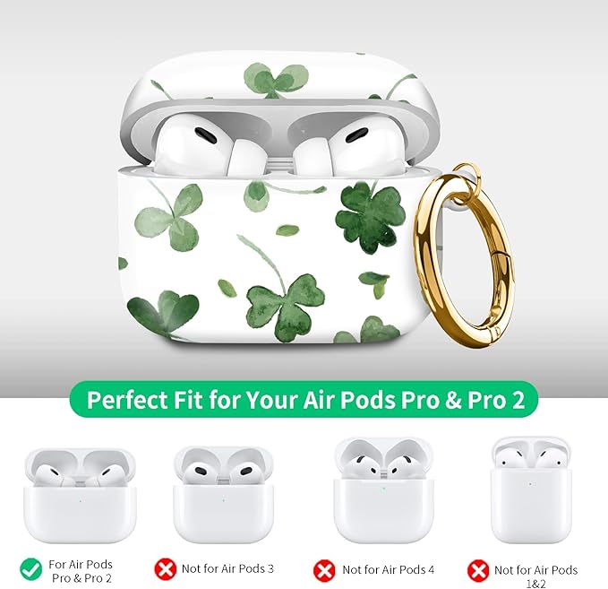 Compatible with Airpod pro 2nd/1st Generation Case Cover with Gold Round Keychain Cute Pattern Hard & Anti Slip Cover for Men Women & Girls(Green Leaves)