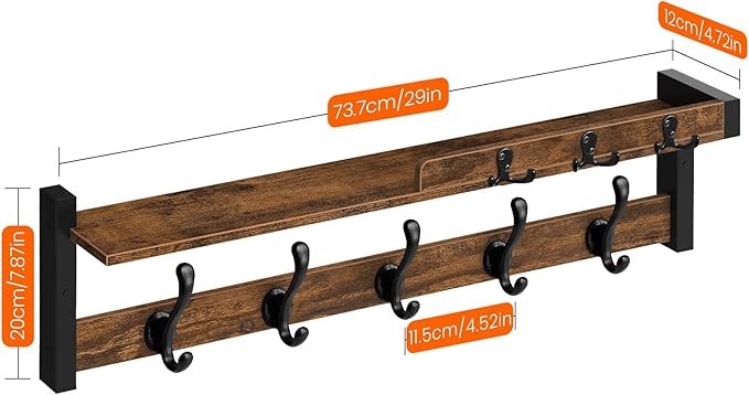 Homode Coat Rack Wall Mount with Shelf, Entryway Coat Hanger with Key Hooks and Mail Holder, 29 Inch Wood Floating Shelf with Hooks and Storage, Key Holder Mail Organizer, Rustic Brown