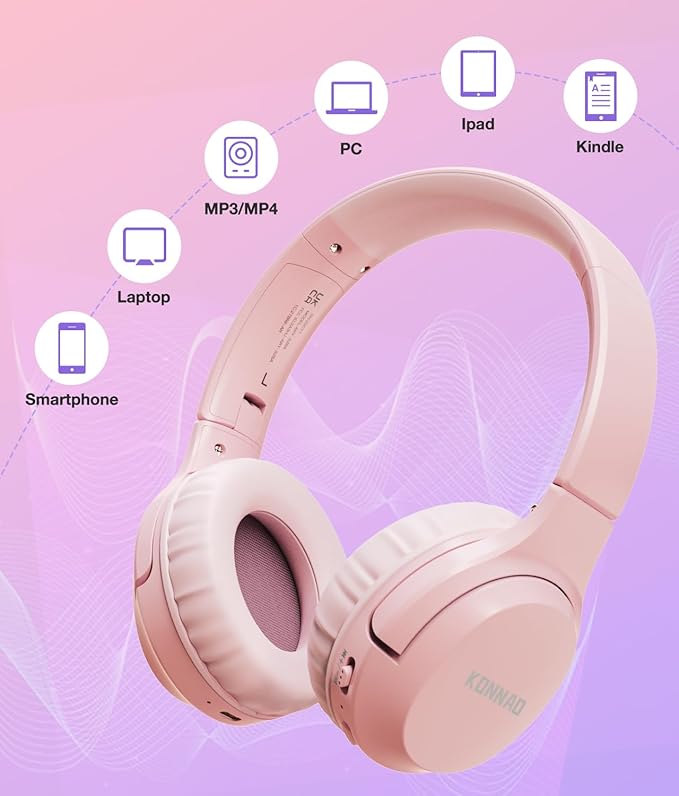 Kids Headphones Bluetooth 60H, Foldable On Ear Headphone with MIC, Volume Limiter 85dB/94dB Wireless & Wired Headphones, Over-Ear Headphone for Kid Adult School Online Class Travel, Pink