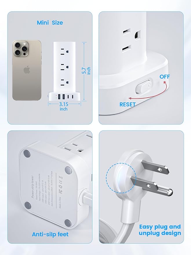 Tower Power Strip with 15W Wireless Charger - 12 Outlets 4 USB Ports White