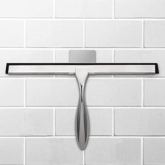 Simtive 10-Inch Shower Squeegee (Includes 1 Shower Door Hook and 1 Adhesive Hook), Shower Door Hooks (2-Pack), Both Silver, 2 Item Bundle