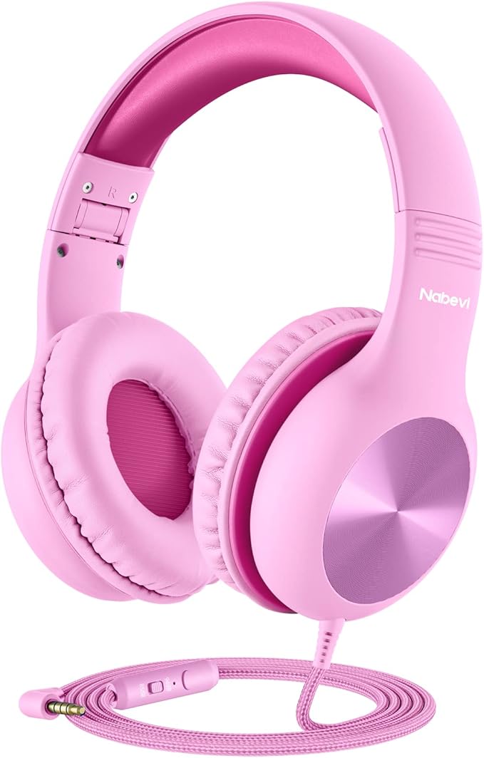 Kids Headphones with Microphone, Over-Ear Headphones for Kids with Sharing Function, 85dB/94dB Safe Volume Limit, Wired Headphone for Children, Kid Headset for School, Study, Travel, Pink