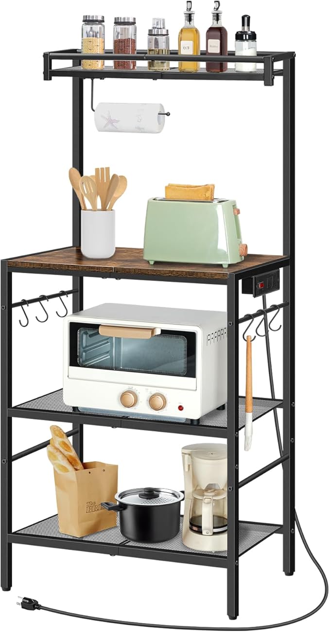 Bakers Rack with Storage, Microwave Stand with Paper Holder, Bakers Rack with Power Outlet, Coffee Bar Station with 6 Hooks, for Kitchen, Dining Room, Rustic Brown and Black BRHR36E01
