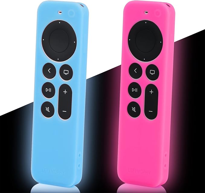 LEFXMOPHY Cases Replacement for Apple TV Remote Case Glow in The Dark New 4K Siri 2nd Gen 2021 3rd Generation 2022 2023 2024 Controller, Silicone Cover with Lanyard, 2-Pack Blue and Pink