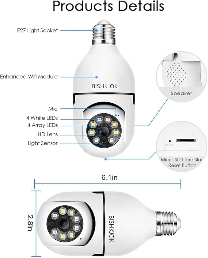 Light Bulb Security Camera TUYA, E27 WiFi Color Night 360 Degree Pan/Tilt Panoramic IP Camera, 2.4GHz 1080P Smart Home Surveillance Kids Cam with Motion Detection Alarm Night Vision Two Way Talk