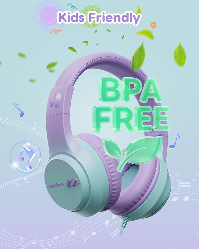 USB-C Kids Headphones, 74/85/94dB Volume Limiter, Foldable Wired Over Ear Headphones for Travel, Toddler Headphones for School, Travel, iPad, Tablet, Purple Green