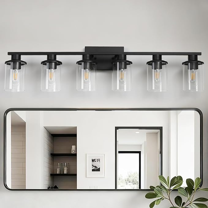 LOUSACE 6 Light Bathroom Vanity Light, 38" Matte Black Vanity Lighting Fixture Over Mirror with Clear Glass Shade, E26 Base