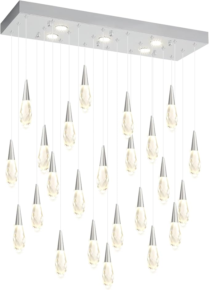 Rectangular Chandelier 24-Lights LED Dimmable Raindrop Chandeliers for High Ceiling Large Chandelier Light Fixture Gold High Ceiling Pendant Lights for Villa Living Room Staircase