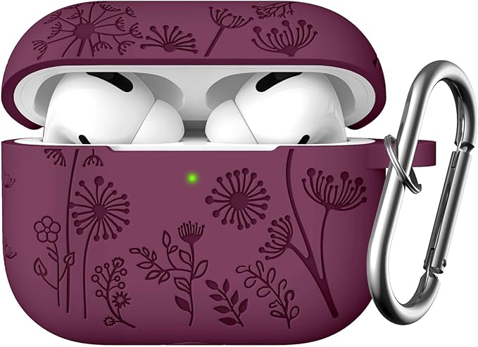 Lerobo Purplish Red Silicone Case for AirPods Pro 2/1 2023/22/19, Floral Engraved Protective Cover with Keychain, Portable Electronic Device Cover