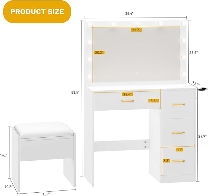 DWVO Makeup Vanity Desk with LED Mirror & 3 Brightness Levels, Makeup Table with 4 Drawers, Power Outlets, Hairdryer Holder & Cushion Stool for Dressing Room
