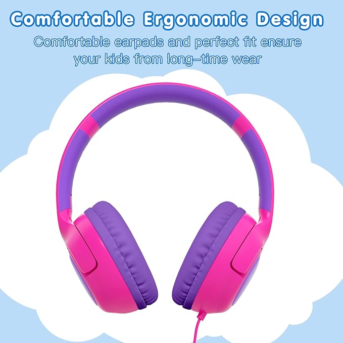 ZIHNIC Wired Kids Headphones, Safe 85dB Volume Limit for Boys & Girls, Comfortable Earpads, Foldable Design for School, Tablets, and Travel-Rose RED