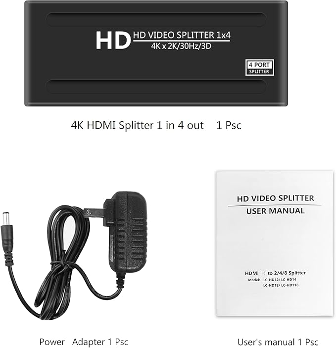 4K HDMI Splitter 1 in 4 Out - 1x4 Powered HDMI Splitter 4 Port Multi Monitor Outputs,Mirror/Copy Screen Only (Not Extend) Support 4Kx2K@30Hz 3D for PS4/Projector/HDTV