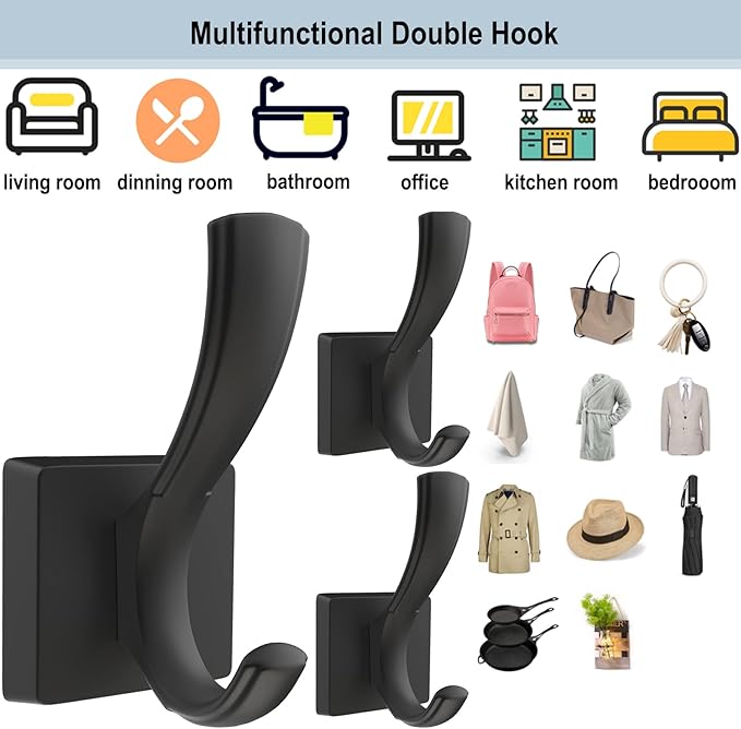 Black Towel Hooks, Coat Robe Hooks Bathroom Entryway Mudroom Pool Hooks for Wall Mount Hanging Towels Bathrobe Key Hat Backpack (2 Pack, Black)