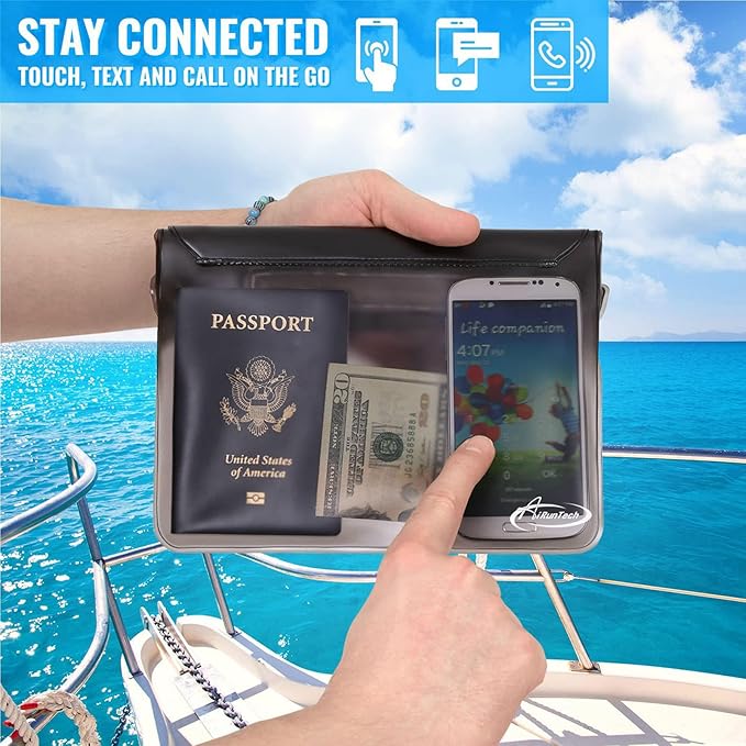 AiRunTech Beach Waterproof Gear Combo Pack, Protect Phone Wallet Passpor Valuables Safe, Cruise Travel Vacation Essentials(Floating Large Phone Pouch + Black Fanny Pack)