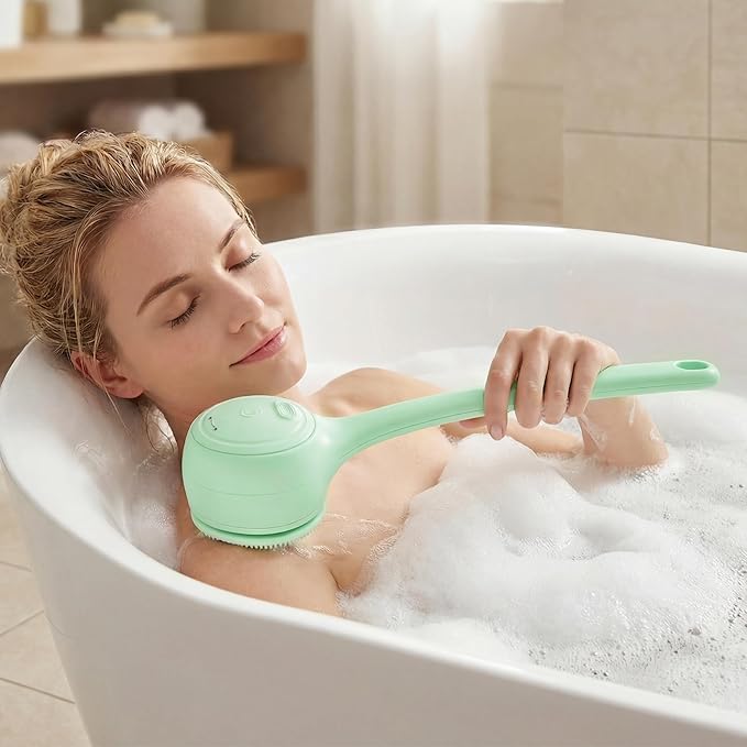 Electric Body Brush Back Scrubber for Shower,5 Replaceable Heads and Hook,Waterproof Long Dual Handle Power Body Scrubber 2 Speeds, for Cleansing Body, Exfoliating and Massaging Skin.
