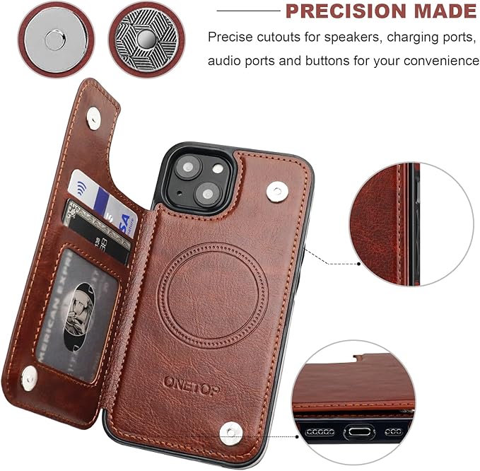 ONETOP Compatible with Magsafe for iPhone 13 Wallet Case with Card Holder, PU Leather Kickstand RFID Blocking Case, Double Magnetic Clasp and Durable Shockproof Cover 6.1 Inch (Brown)
