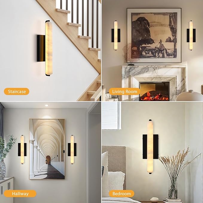 Alabaster Wall Sconces Set of Two, 15" Black Alabaster Sconce, Spanish Natural Marble Bathroom Vanity Sconces, Rectangle Modern Sconces Lighting for Bedroom Living Room Staircases Hallway