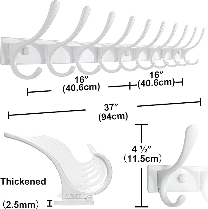 SKOLOO Coat Rack Wall Mounted - 10 Hooks, Pack of 2, Heavy Duty, Stainless Steel, Metal Wall Hangers, Sturdy Coat Hooks for Hanging Coats, Jacket, Clothes, Hat, White