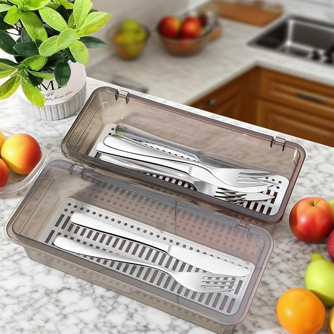 8 Pcs Flatware Tray with Lid Large Plastic Drainer Silverware Utensil Clear Drawer Organizer Cutlery Storage Container Box Dinnerware Holder with Cover for Home Kitchen Travel