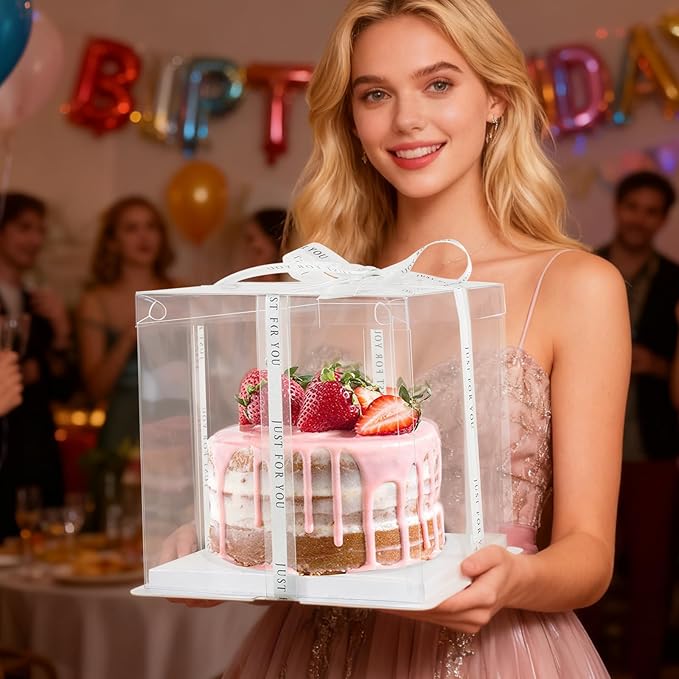 8Pcs Tall Cake Boxes Clear Box with Ribbon, 8x8x9 inch, for 6" cajas para pasteles Tiered Cakes,Transport Gift Boxes for Wedding Valentine'Day and Gift Display. (Clear, 8 * 8 * 9 inch/8pcs)