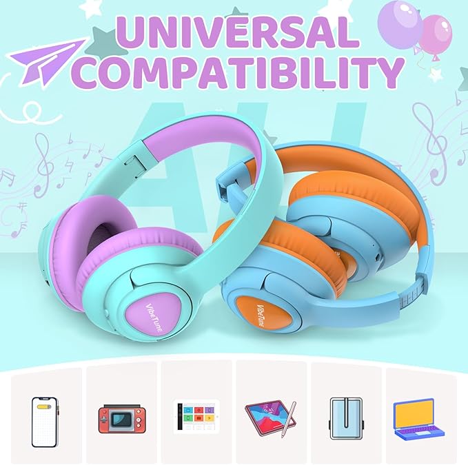 VibeTune Kids Bluetooth Headphones, 60H Playtime, Volume Limited 85/94dB, Bluetooth 5.4, Type-C Fast Charging, Foldable Wireless Headphones for Kids, Toddler Headsets with HD Mic-Purple