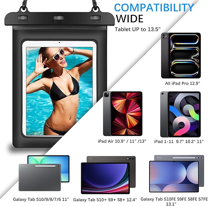 Universal iPad Waterproof Case, Dry Bag Pouch for ipad Pro 13’’/12.9" ipad air 13" /11" Galaxy Tab S10FE+ 13.1"/S9FE+/S8EF/S7FE 12.4" Galaxy Tab S10+/S9+/S8+ 12.4", Tablets up to 13.5 inch
