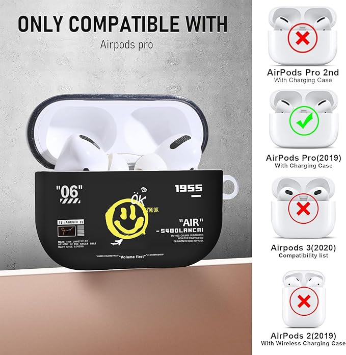 for Airpods Pro Case, Cute Cool Smiling Face Pattern TPU Soft Cases for Airpods Pro Case 1st Gen, Shockproof for Airpods Pro 2019 Case Men Women with Cleaner Kit & Keychain