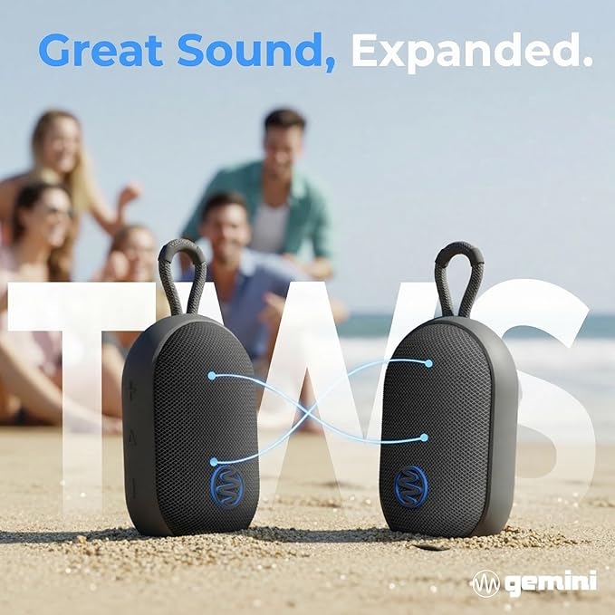 Gemini Waterproof Bluetooth Speaker with Carabiner Clip – IPX7 Compact Portable Speaker, 12Hr Battery, TWS Stereo Pairing, USB-C, Outdoor Shower Pool Beach Hiking (BEATORB)