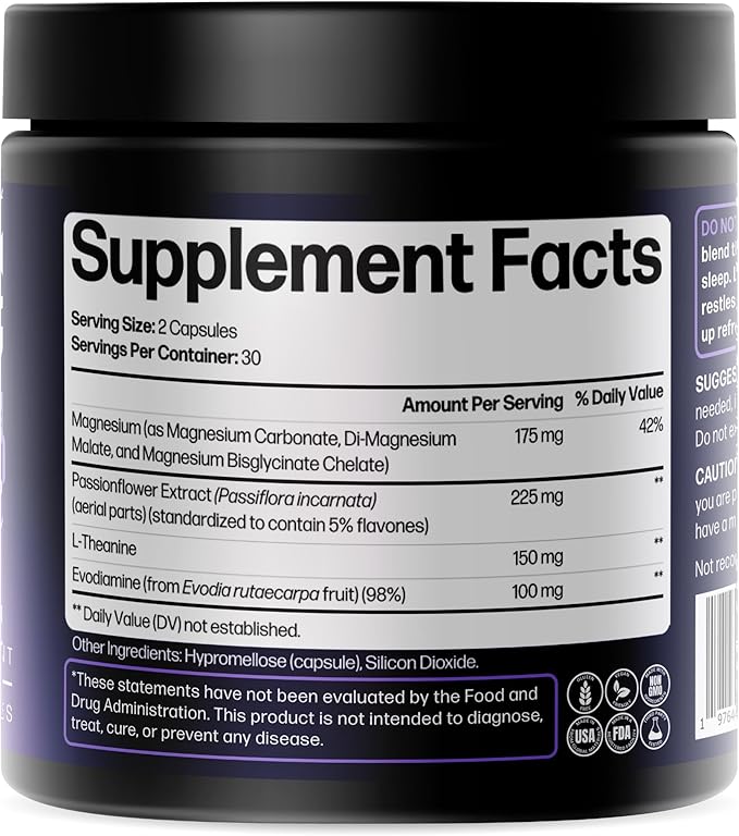 Life Happns Melatonin-Free Sleep Aid for Adults β Triple Magnesium, L-Theanine, Passionflower & Evodia for Deep, Restorative Sleep & Waking Refreshed | Non-Habit-Forming Natural Sleep Relaxation