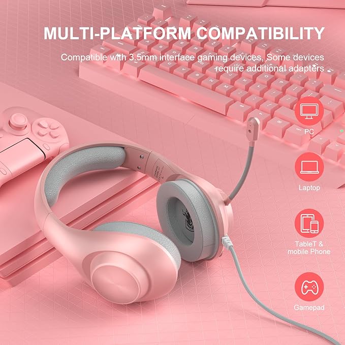 Gaming Headset for PS5 PS4 PC, Wired Headsets with 7.1 Surround Sound, H-7 Gaming Over Ear Headphones with Noise Cancelling Flexible Mic Memory Earmuffs, for PC/PS5/PS4/XboxSeries X/S/Switch (Pink)