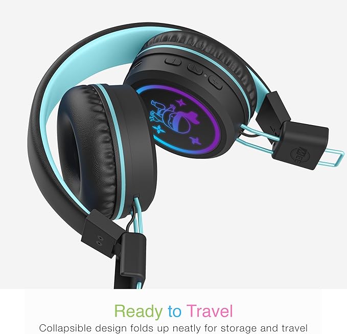 MEE audio KidJamz KJ55BT Personalized Bluetooth Wireless Safe Listening Headphones for Kids w/Custom LED-Backlit Design, Volume Limiter, Microphone; Kids Headset for School/iPhone/iPad/Tablet (Black)
