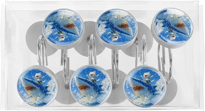 Cat Riding Shark Shower Curtain Hooks Rings, Stainless Steel Rust Proof Shower Curtain Hooks, Decorative Shower Hooks for Bathroom Shower Rods Curtains, Set of 12