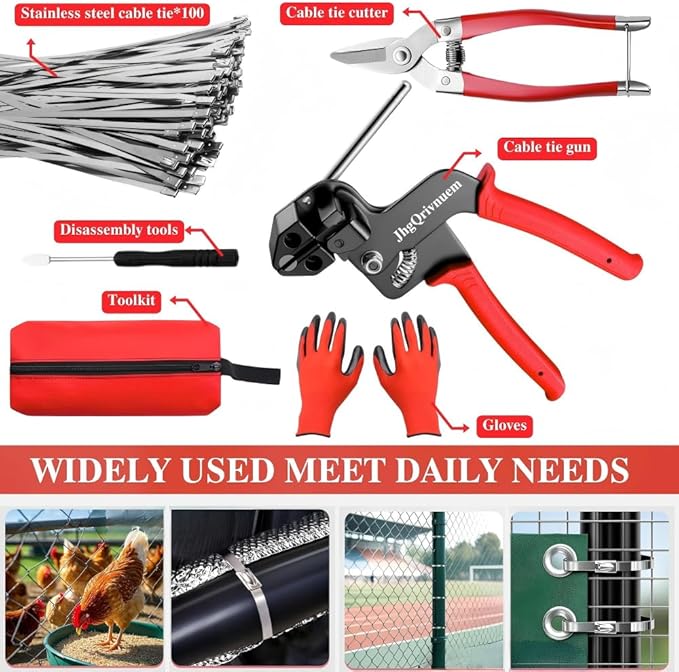 Metal Zip Ties Gun Set-For Fastening And Cutting Tie Special Tool,With 100pcs 11.8in Stainless Steel Zip Ties ,For Chain Link Fence Parts, Wire Fence Rolls,Exhaust Wrap, Poultry Fence