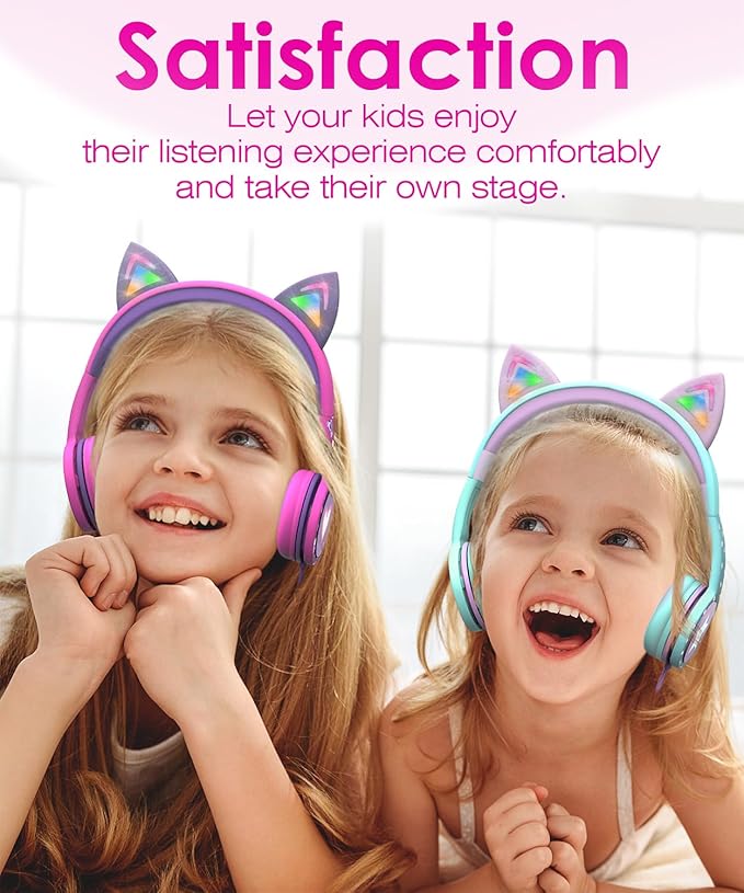 FosPower Kids Headphones with LED Cat Ears (85dB Safe Volume Limit), 3.5mm Soft On-Ear Wired Headphones with Tangle-Free Laced Cables for iPad/Tablet/School/Travel - Teal/Light Purple