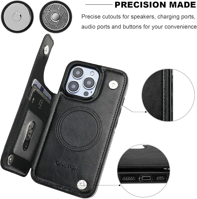 ONETOP Compatible with Magsafe for iPhone 13 Pro Wallet Case with Card Holder, PU Leather Kickstand RFID Blocking Case, Double Magnetic Clasp and Durable Shockproof Cover 6.1 Inch (Black)