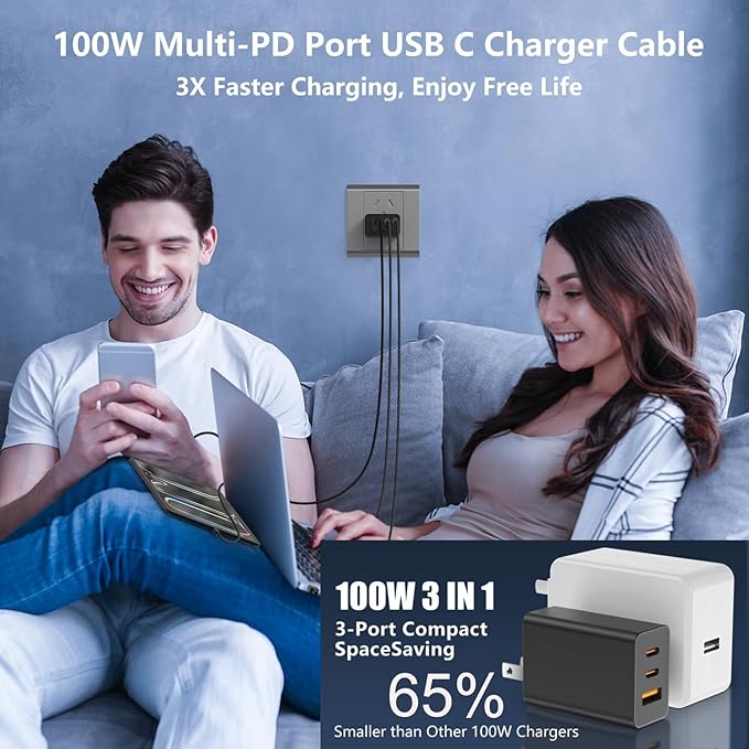100W USB C Charger Block,3 Port GaN+ USB-C Wall Charger,65W Type C Multi Port Power Super Fast Charging Block Adapter&6FT Cable for iPhone 17/16/15 Air Pro Max Plus, iPad,SamSung Galaxy Series,MacBook