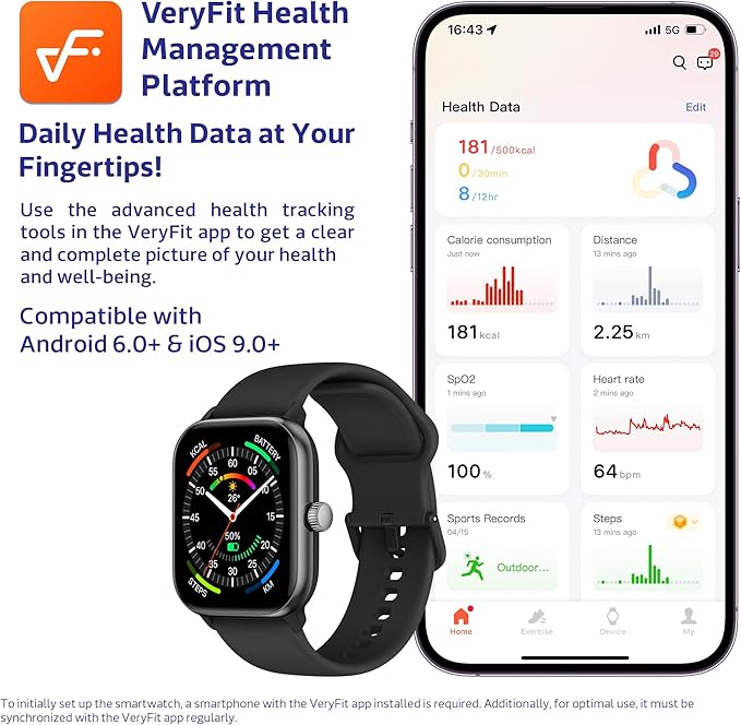 OCTANDRA Pulse 2 VeryFit Smart Watches for Men Women, Alexa Built-in 1.85" AMOLED Screen IP68 Fitness Tracker Watch, Body Energy/Heart Rate/Oxygen Saturation/Stress/Step/Sleep Monitor (GTX10) (Blue)