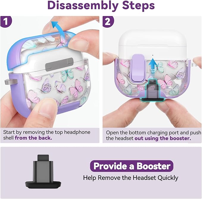 with Safety Lock for Apple AirPods 4 Case,Clear Floral Cute AirPod 4th Generation Case with Phone Stand & Cleaning Kit for Women Girly-Purple+Butterfly