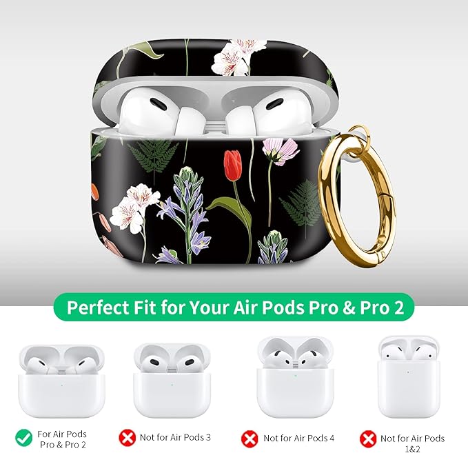 Compatible with Airpod pro 2nd/1st Generation Case Cover with Gold Round Keychain Cute Pattern Hard & Anti Slip Cover for Men Women & Girls(Blooming Flowers)
