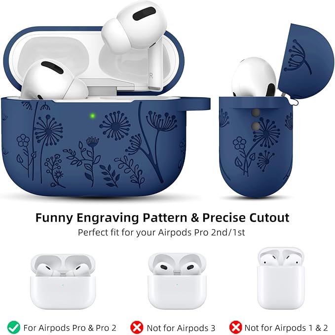 Lerobo for Airpod Pro Case 2nd 1st Generation Case USB C, Cute Flower Engraved Soft Silicone Cover Compatible with Apple AirPod Pro/Pro 2 Case, Full Protective, Front LED Visible, Midnight Blue