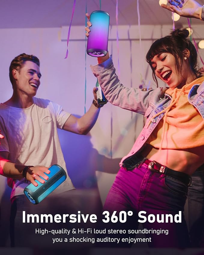 Portable Wireless Speaker with Cool Dynamic LED Lights, Bluetooth Speakers, IPX6 Waterproof, BT5.3, Loud Stereo Wireless Speaker for Party, Beach, Outdoor Camping, Support TF/AUX